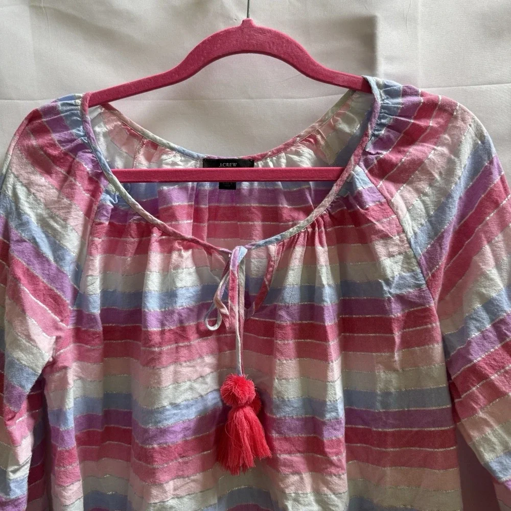 J. Crew Jack Metallic Stripe Peasant Top Tassel Tie Neckline Rainbow M Pastel